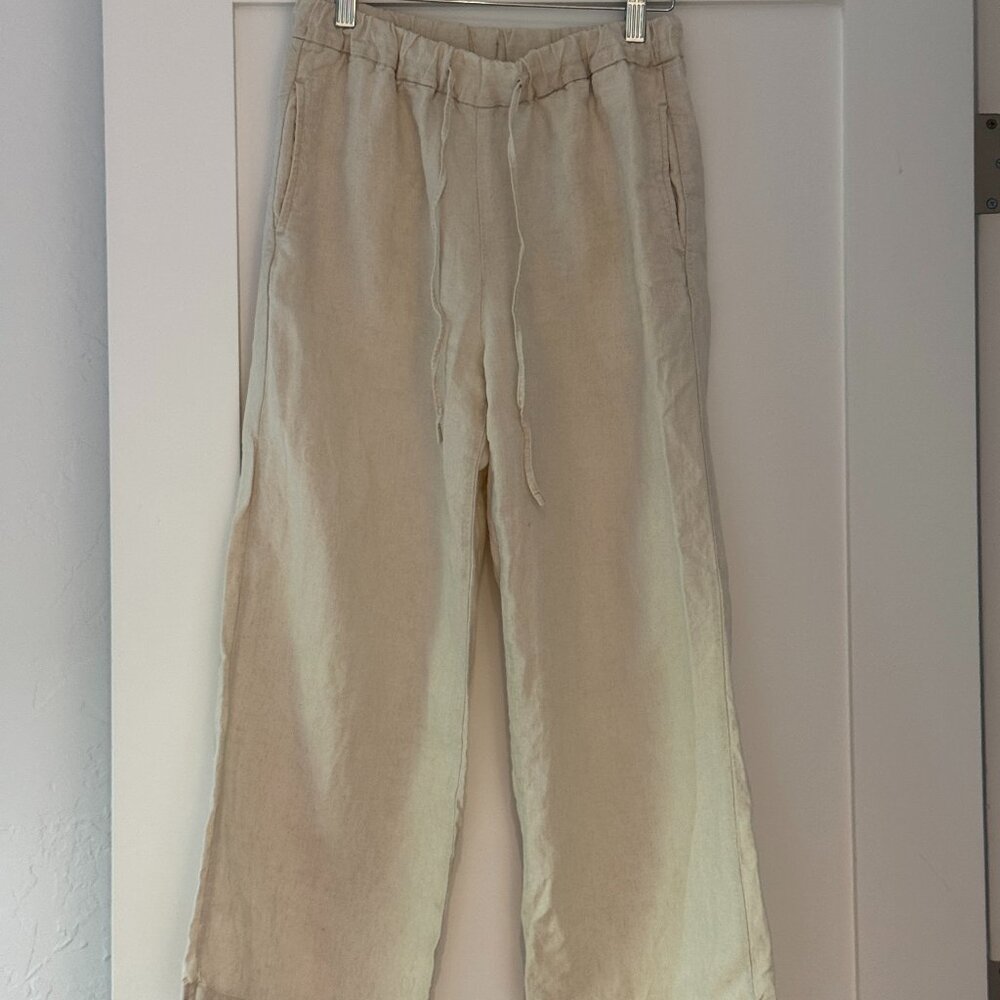 Muji Beige Wide-Leg Drawstring Linen Pants